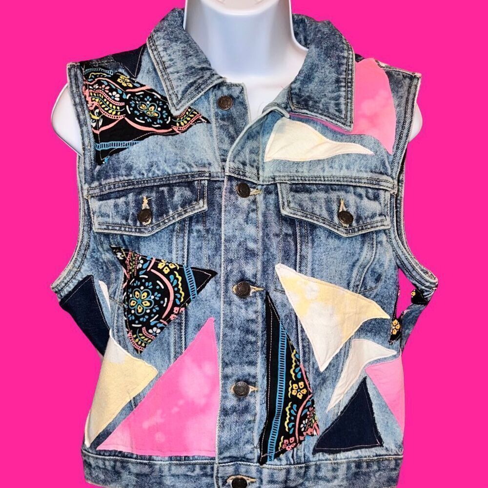 Vintage Greatland Patchwork Jean Jacket Vest Size… - image 3